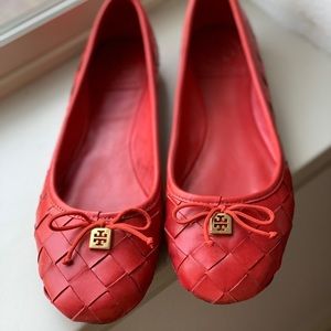 Tory Burch Red Woven Leather Ballet Flats with Logo Charm